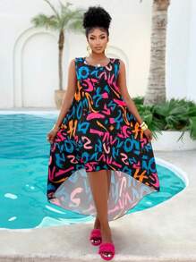 Vestido casual suelto de talla grande para mujer con estampado de letras en la parte delantera y la parte trasera larga, nuevo para el verano