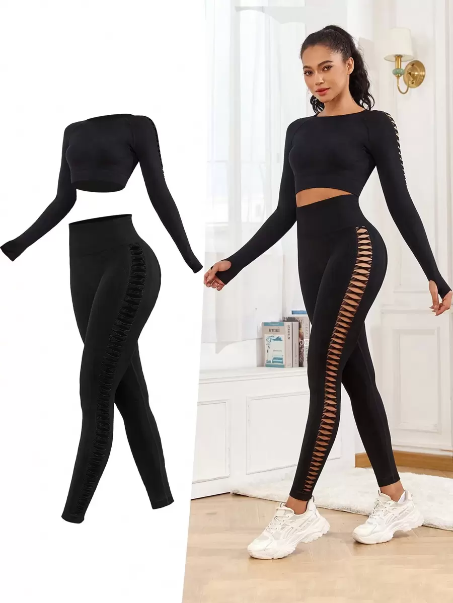 2PCS Women's Both Sides Hollowed Out Sexy Raglan Sleeve Top And Pants Set, Suitable Running, Yoga, Gym For Summer - Black - View 1