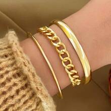 3 件套复古多层扭绳圆圈手链手镯首饰套装，适合女性日常佩戴 - 金色 - 查看 9