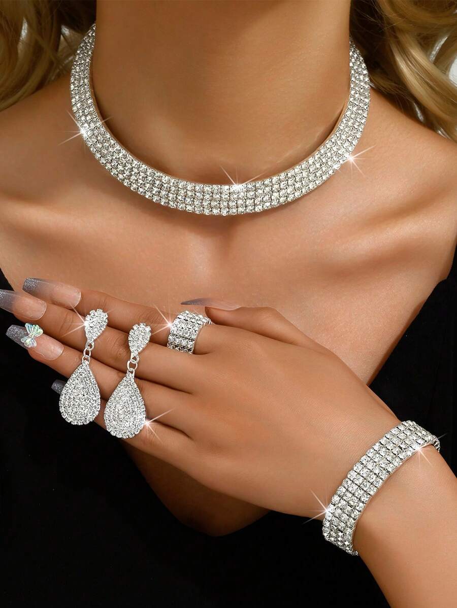 5 件多层新娘首饰套装 - 颈链、手链、耳环、流苏耳环、婚礼视频 - 彩色 - 查看 1