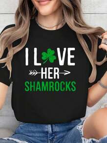I Love Her Shamrocks St Patrick's Day Couples Gifts Cotton Printed T-Shirt For Summer, Soft Women's Short Sleeve Top, Fashionable And Comfortable Graphic Tee