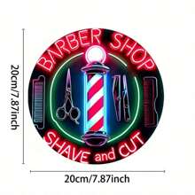 1 件 2D 活力霓虹灯“理发店”标志 - 7.87x7.87 英寸铁艺墙饰，防水防褪色，质朴的金属装饰，配有剪刀和梳子插图，复古装饰户外装饰墙饰房间装饰卧室婚礼装饰波西米亚风家居装饰花园装饰品客厅装饰客厅装饰派对装饰，随机孔位置 - 彩色 - 查看 3