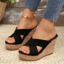 Sandales compensées d'été pour femmes, talons hauts plateformes, tongs anti-dérapantes avec texture de grain de bois