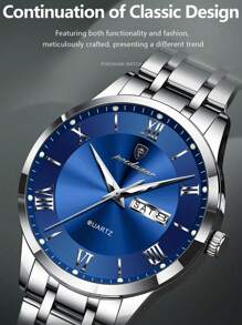 1 pieza Reloj de pulsera de cuarzo de acero inoxidable dorado con estilo de negocios para hombres, con calendario de semana y doble pantalla, resistente al agua 30M, función de manecillas luminosas, reloj casual para hombres con estuche, juego de regalo para hombres