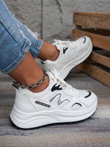 复古流行厚底软皮厚底运动鞋，女式，百搭超轻系带运动休闲鞋，2025 年春/秋 - 黑色 - 查看 1