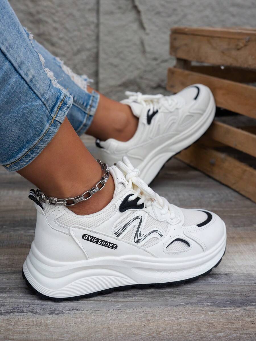 复古流行厚底软皮厚底运动鞋，女式，百搭超轻系带运动休闲鞋，2025 年春/秋 - 黑色 - 查看 1