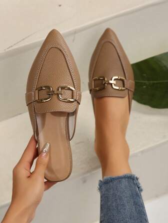 2025年秋季女士尖头一脚蹬穆勒鞋，金属扣装饰，米色乐福鞋，四季皆宜，优雅百搭，露趾平底鞋