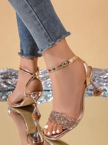 2025 Summer New Women High Heel Sandals With Rhinestone, Open Toe Strap High Heeled Sandals - Champagne - View 4