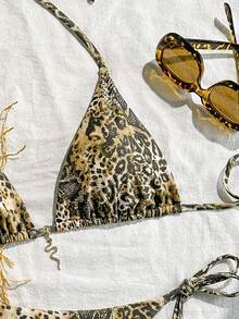 Summer Beach Old Money Euro Western Retro Leopard Print Halter Triangle Top And Side Knot Tie Bikini Swimwear Set