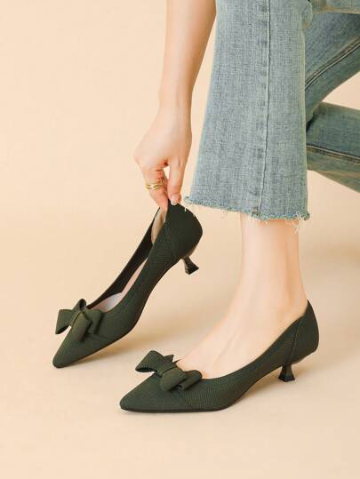 Sapatilhas Casuais de Bico Femininas, Decoração de Laço, Salto Gatinho Francês de 4cm, Estilo Jovem, Adequado para Vestidos, Design Fofo