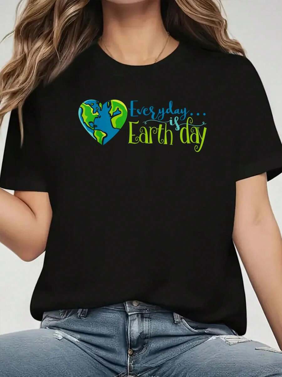 EARTH DAY EVERY  DAY Rainbow Make The Earth Green Again T-Shirt Print T-Shirt, Casual Crew Neck Short Sleeve Comfort Tee Top For Spring & Summer, Women's Clothing