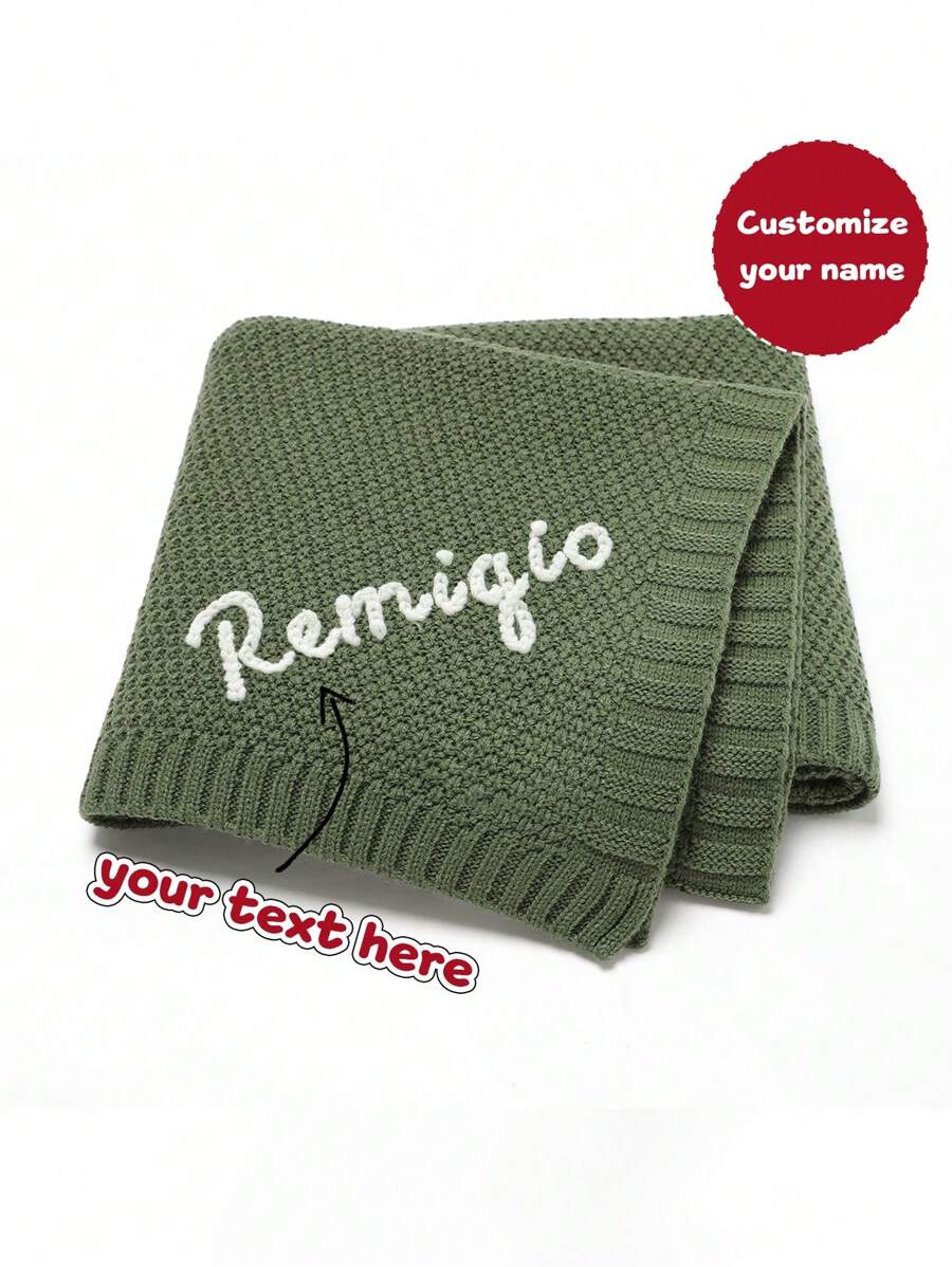 Customizable Handmade Embroidery Casual Minimalist Knitted Baby Blanket, Swaddle Wrap, All Season, Personalized