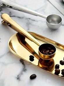 Cuchara medidora de acero inoxidable 2 en 1 con clip para bolsa, herramienta multifuncional para medir y sellar granos de café frescos, clip de sellado; joyas doradas de cocina, decoraciones de café espresso