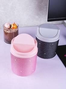1pc Rhinestone Decorated Trash Can, Swivel Cover Desk Organizer Suitable For Makeup Vanity, Bedroom, Office
