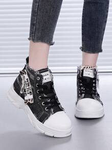 1 Pair Women's Korean Canvas High-Top Sneakers, Comfortable Breathable Casual Lace-Up Side Zipper Classic Running Shoes