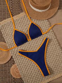 Bikini dây buộc màu tương phản gợi cảm cho kỳ nghỉ bãi biển mùa xuân hè của phụ nữ - Màu xanh hải quân - Xem 1