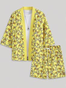 Men's Duck Print Kimono Top And Drawstring Shorts Pajama Set - Yellow - View 1