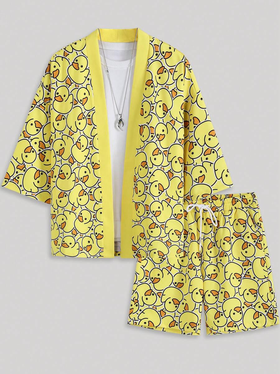Men's Duck Print Kimono Top And Drawstring Shorts Pajama Set - Yellow - View 1