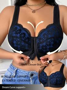 Plus Size Women's Fashion Lace Front Closure Wireless Bra - Multicolor - View 2