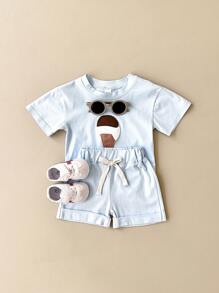 2 件套婴儿/幼儿男女款休闲冰淇淋拼布短袖 T 恤和短裤夏季服装