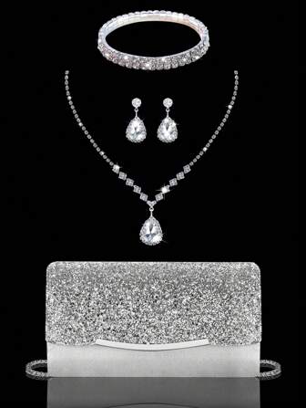 优雅手拿包，闪亮亮片翻盖晚装包，精致女士晚装包，时尚单肩金属链条包，搭配高端水钻首饰三件套，奢华水钻项链、手链和耳环，适合派对、婚礼、晚宴/宴会，是送给女性、女孩、女大学生、白领人士的最佳礼物。