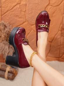 加大码宽版女式红色牛津厚底乐福鞋，时尚百搭圆头厚底学院风英式一脚蹬粗跟平底鞋，超宽脚型，美国尺码 4 - 12