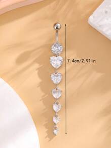 1pc Stainless Steel Belly Button Ring With Long Pendant, 6pcs Heart CZ Inlay, Piercing Jewelry For Women