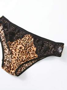 Plus Size Women's Lace Patchwork Leopard Pattern Soft & Breathable Sexy Lingerie Set - Brown - View 6