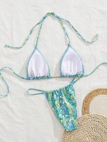 PEPPERMOLLY New Soft Fabric Sexy Front Cutout Floral Print Spaghetti Strap Halter Backless Beach Party Bikini Set, Summer Fashionable Elegant Ladies Swimwear - Multicolor - View 2