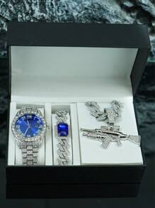 1 Set Men's Personalized Alloy Rhinestone Embellished Rifle Pendant Necklace, Gemstone Bracelet, Watch, European & American Stylish Hip-Hop Accessory, High-End Gift Box - Gun Set - View 4