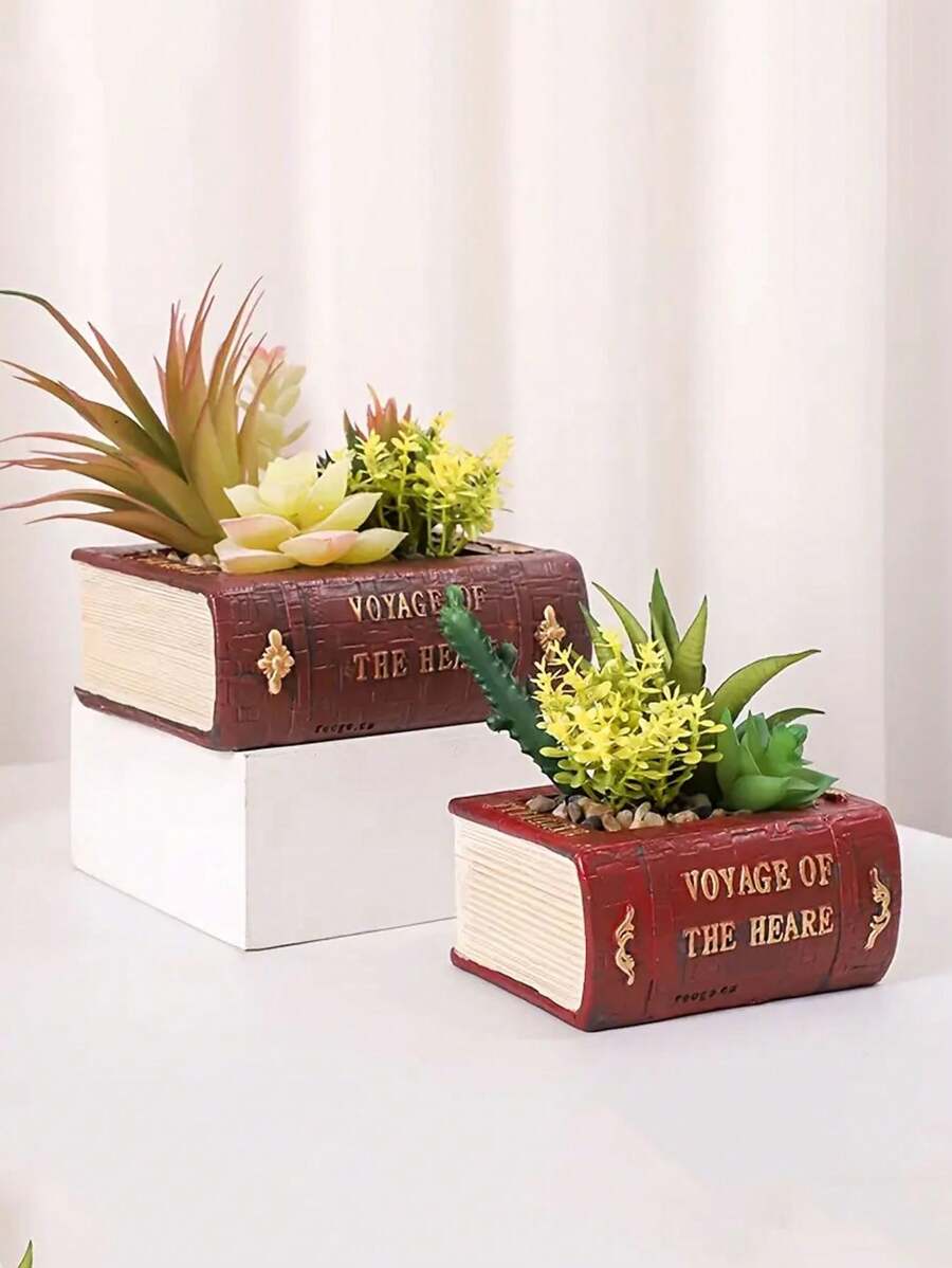 复古北欧风格多肉植物书本花盆，适合家庭、客厅、办公室装饰，送给爱书人的礼物 - 酒紅色 - 查看 1