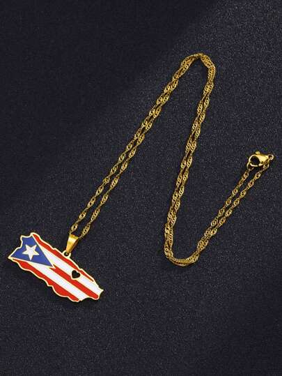 ROMWE Grunge Punk 1 件时尚波多黎各不锈钢地图项链，简约优雅个性化项链毛衣链，男女通用珠宝，可与您的日常服装搭配