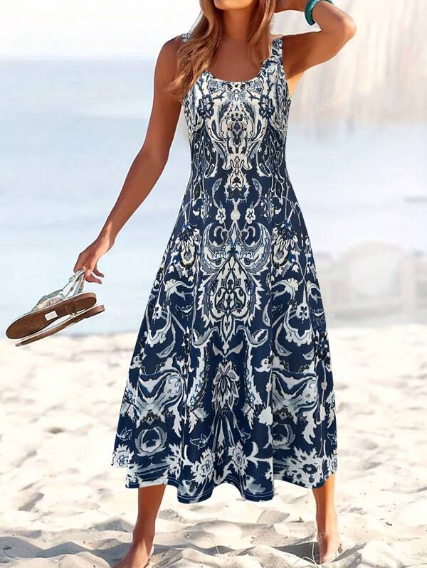 Ladies Elegant Fashion Floral Print Knit Fabric Sleeveless Casual Dress For Summer Vacation