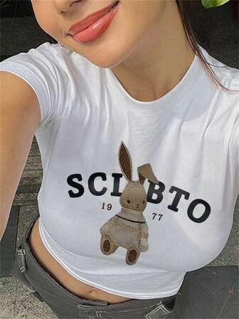 修身女士圆领 Y2K 短袖 T 恤，女士时尚卡通兔子印花 T 恤，主打单品，适合年轻女孩的春夏礼物，适合日常外出、聚会和休闲穿着