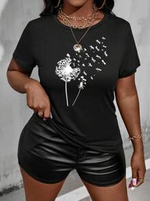 女士休闲时尚蒲公英蜻蜓印花短袖 T 恤夏季款式 - 黑色 - 查看 3