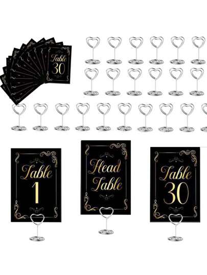 Bộ 10 kẹp số bàn cưới, bao gồm kẹp ghi chú hình trái tim, thẻ số bàn màu đen, thích hợp trang trí bàn tiệc cưới, kỷ niệm, sinh nhật.