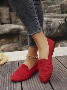 Women's Knitted Flat Mesh Sneakers, Round Toe Casual Slip-On Shoes For Daily Walking, Comfortable Mother Shoes