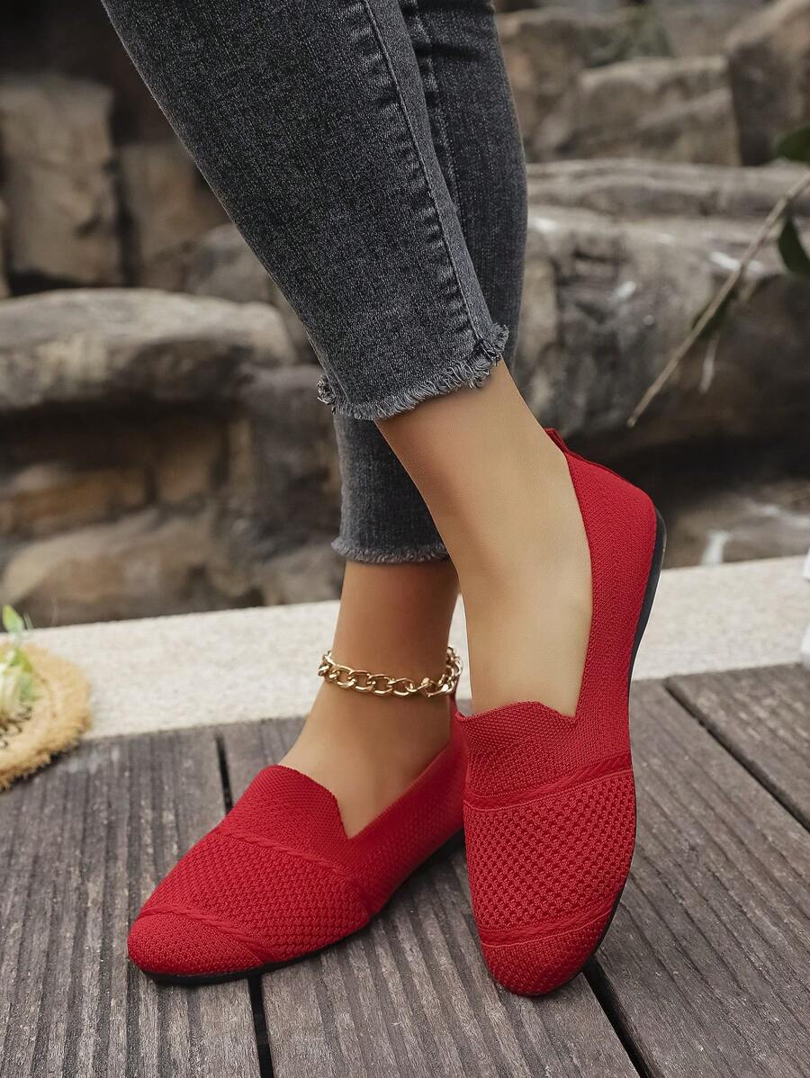 Women's Knitted Flat Mesh Sneakers, Round Toe Casual Slip-On Shoes For Daily Walking, Comfortable Mother Shoes