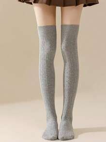 Solid Color Cable Knit Knee High Socks, Suitable For Pairing With Mini Skirts, Cozy - White - View 9