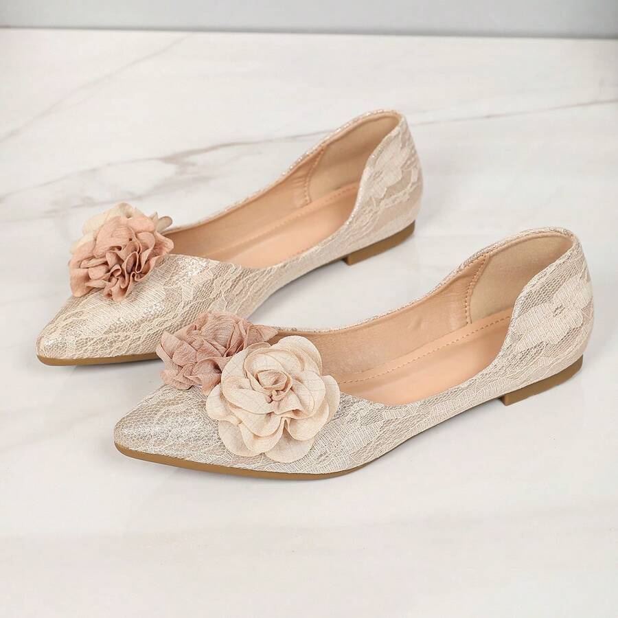 Flat Slip-On Pointed Toe Floral Summer Slip-On Shoes For Dresses - Apricot - View 1
