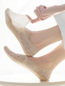 6 Pairs Plus Size Women Invisible Short Socks, Lace Trim Casual Non-Slip Ankle Socks [Without Paper Card]