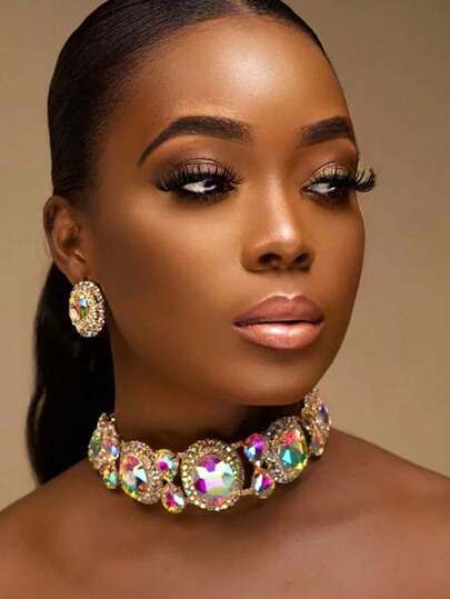 Geometric AB Color Crystal Necklace Set Earrings For Women 2pcs Jewelry Sets Large Round Necklace And Earrings Set,Elegant Boho Round Crystal Jewelry Set Piercing Wedding Gift For Bridal Bling Geometric Rhinestone Necklace Earring Set Party,