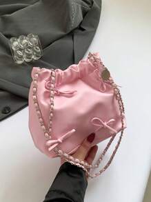 1pc Solid Color Bow Decor PU Leather Women's Shoulder Bag, Fashionable Open-Top Handbag With Chain And Ruched Design, Suitable For Women, Girls, Students, Travel, Party, Daily Use - Pink - View 9