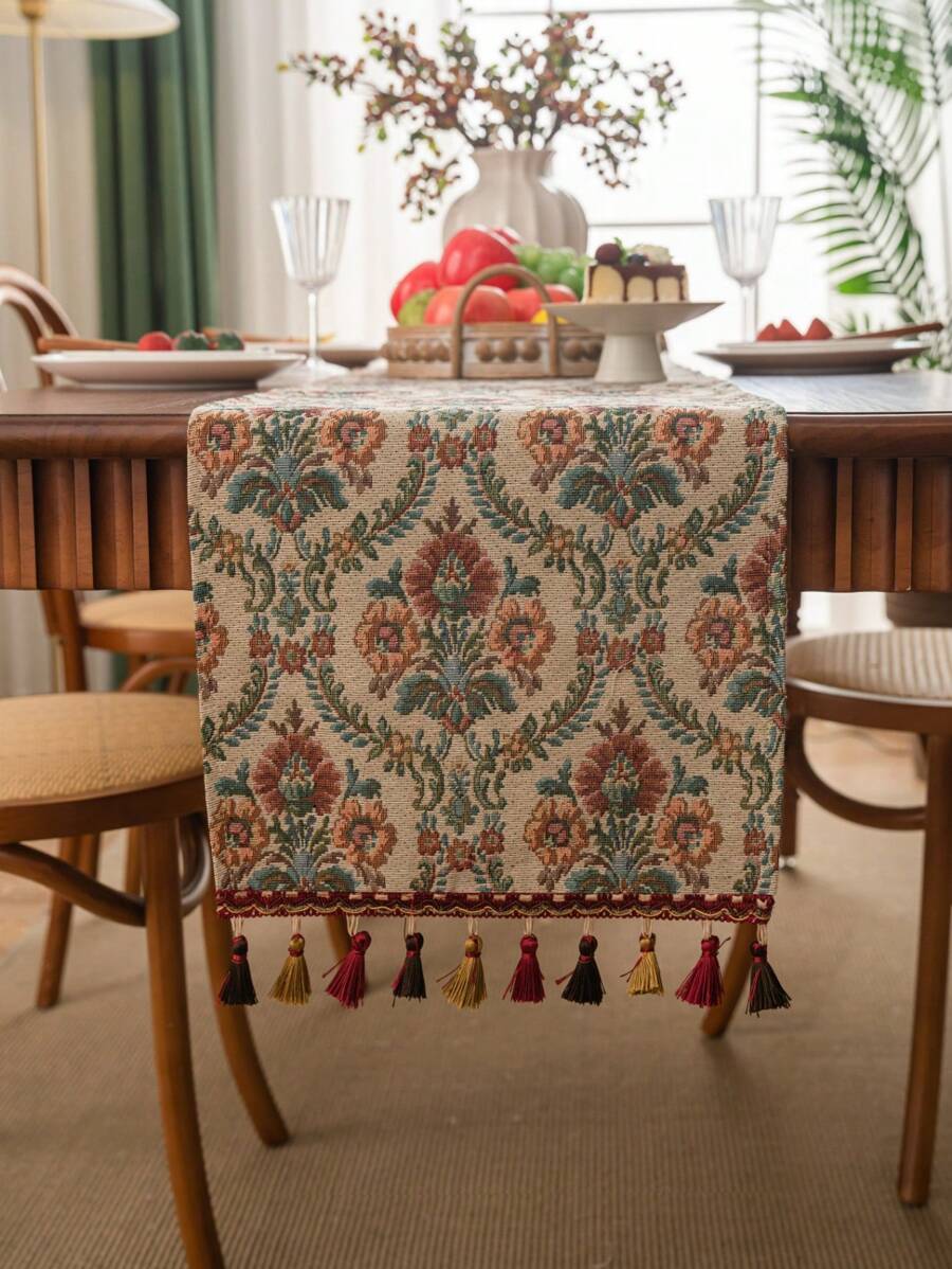 Jacquard Floral Patterned Tassel Table Runner With Fringe, Kitchen Dining Tabletop Decor, Home Decoration For Family Gatherings