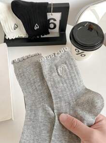 3 双女式黑白灰色竖条纹心形蕾丝边中筒袜纯色春夏学院风百搭时尚精致短袜