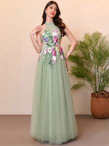 绿色名人礼服贴花派对礼服露背A字型精致及地舞会晚礼服，情人节 - 橄欖綠 - 查看 8