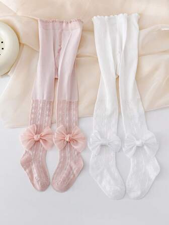 2 件装女童网眼紧身裤，蝴蝶结装饰紧身裤，适合日常穿着，夏季