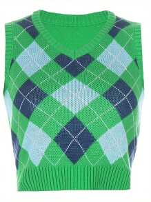 Women's Curve-Hugging Sleeveless Knit Vest Diamond Printing V Neck Tank Tops - Green - View 2