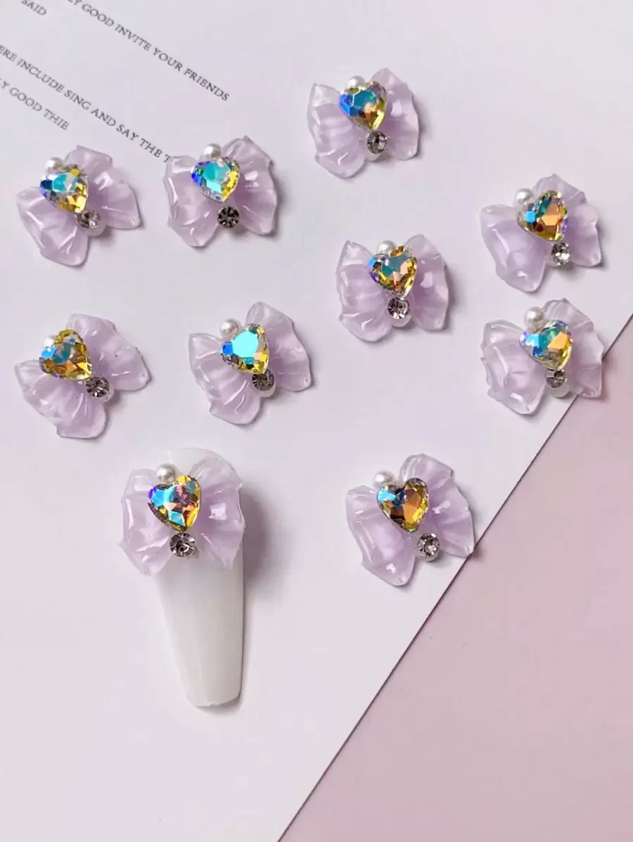 1 袋 10 件蝴蝶结、心形、仿珍珠、树脂、冰花 DIY 美甲装饰春夏色彩、指甲饰品美甲用品 - 紫色 - 查看 1