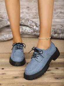 大码女式黑色厚底鞋 41 42 43，英式厚底 JK 制服鞋，学院防滑增高乐福鞋高跟鞋 - 藍色 - 查看 3